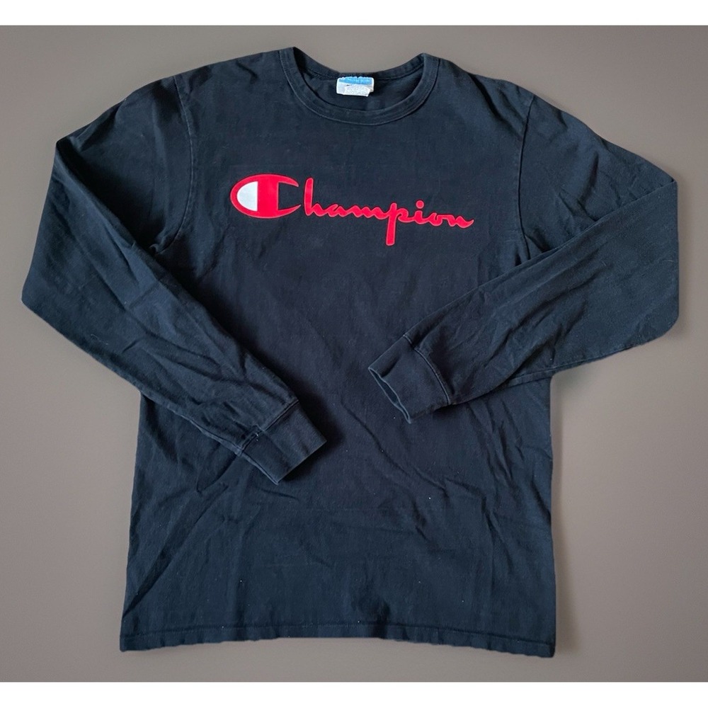 Champion Long Sleeve T-Shirt Black Red Graphic Logo Vintage Retro Medium JBHS - Picture 1 of 10